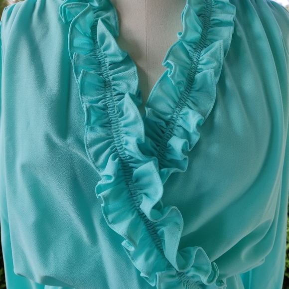 70s 80s ruffle trim Surplice neck faux wrap dress - Picture 6 of 10